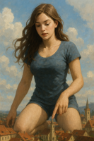 breasts city long_hair brunette brown_eyes lips sitting black_eyes day shorts short_shorts cloud nose outdoors sky shirt solo realistic ai_art signature medium_breasts 1girl traditional_media giantess