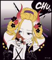 giantess horns blonde long_hair blue_eyes smiling ponytail lipstick flower looking_at_viewer bare_shoulders makeup hair_ornament hair_bun hair_flower alternate_costume 1girl 1boy upper_body red_flower fur_trim
