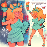 breasts blushing tail blonde large_breasts long_hair blue_eyes cleavage dress sandals fire standing holding english leaf curly_hair nail_polish short_dress green_dress bare_shoulders strapless_dress lowbudgetghost medium_breasts 1girl strapless aqua_dress off-shoulder_dress giantess statue_of_liberty