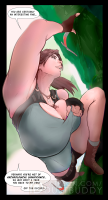 giantess lara_croft tomb_raider breasts long_hair huge_breasts brunette lips gloves ponytail boots shrunken_man thighs necklace top solo solo_focus 1girl 1boy letterboxed dust_buddy