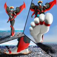 buildings hands_on_hips imminent_crush transformers foot_prints breasts drawing giantess giga wings city comic color robot destruction blue_eyes toes barefoot foot_crush thighs jamesstormet windblade
