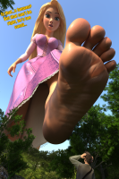 breasts giantess mega blonde black_hair long_hair toes barefoot green_eyes dress forest disney point_of_view trees top tangled dialogue imminent_crush looking_at_tiny digital_render rapunzel harbingerinfinit