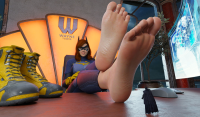 breasts toes barefoot red_hair boots mask batgirl batman indoors costume computer legs_crossed looking_at_tiny dc_comics slimepope gloves office table night thighs cape shrunken_man