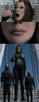 breasts giantess vore city alien comic handheld buildings digital_render mantis solidsunny black_hair pants costume pinched antennae guardians_of_the_galaxy