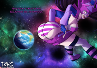 breasts long_hair skirt purple_eyes gloves boots thighs dialogue bare_legs drawing giantess panties earth space black_hair color butt undressing galacta helmet cosmic_giantess marvel_comics the-killer-wc
