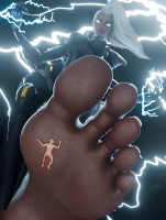 nude gloves thighs earrings stuck_to_foot glowing_eyes x-men breasts giantess white_hair toes barefoot foot_crush storm dark_skin mohawk costume point_of_view digital_render marvel_comics hpmw-fan45 lightnings marvel_rivals