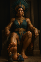 giantess foot_worship ai_art aztek breasts feet black_hair toes barefoot soles lips dress short_hair sitting nose dark_skin piercing jewelry necklace earrings bracelet makeup headdress armlet sora_(kingdom_hearts) solo realistic