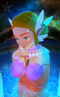 giantess blonde blue_eyes water green_eyes smiling short_hair shrunken_man tattoo looking_at_viewer scales sash alternate_costume 1girl 1boy upper_body male_focus blurry_background half-closed_eyes aqua_eyes guinreds