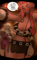 breasts giantess blushing blonde large_breasts long_hair blue_eyes cleavage skirt huge_breasts gloves red_hair navel lesbians english thighs athletic curvy freckles braid scar thick_thighs speech_bubble self_shot multiple_girls 2girls twin_braids