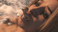 giantess vore multiple_sizes mouth_play breasts nude city mega large_breasts butt brunette lips short_hair animal clouds looking_at_viewer redfiredog digital_render solo realistic 1girl
