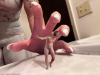 running shrunken_man bathroom sink chasing giant_hand white_nail_polish msku_marklovefeet arm_tatoo giantess