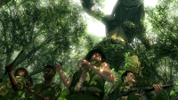 breasts giantess mega alien black_hair bra skirt jungle looming fishnets mask hat dreadlocks point_of_view soldiers guns digital_render bare_midriff looking_at_tinies machete gmodmacro the_predator yautja