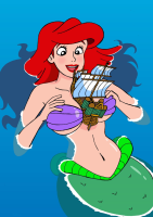 breasts drawing giantess tail mega color long_hair ocean mermaid smiling red_hair navel breast_play disney ships ariel the_little_mermaid imminent_crush looking_at_tiny seashell_bra drsgrowth between_breasts