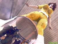 breasts giantess large_breasts brunette short_hair boots shrunken_man trapped mask jar thighs point_of_view belt jumpsuit microphone teenage_mutant_ninja_turtles reporter april_oneil green_skin digital_render on_breasts leonardo raphael donatello michaelangelo turtle johnnyscribe looking_at_tinies