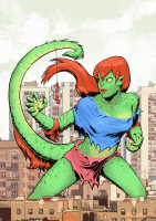 breasts drawing giantess tail city mega color long_hair claws cleavage skirt buildings yellow_eyes lizard red_hair muscles mask costume top ripped_clothing lizard_girl scales web kaiju green_skin looking_at_tiny mary_jane bare_legs spider-man marvel_comics peter_parker fusion adagadegelo bare_midriff