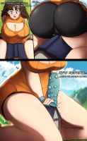breasts blushing large_breasts butt cleavage brunette shorts short_shorts close_up open_mouth thighs orange_shirt bike_shorts 1girl multiple_views orange_footwear giantess