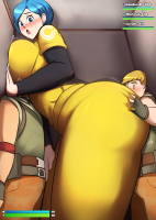 breasts blushing blonde large_breasts long_hair blue_eyes blue_hair gloves ponytail uniform open_mouth bulma jewelry earrings belt against_wall doggystyle charlydibu multiple_girls sex_from_behind clothed_sex walk-in giantess dragon_ball