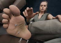 breasts giantess armor toes barefoot brunette brown_eyes gloves boots sitting star_wars reaching shrunken_man pants indoors belt legs_crossed helmet stormtrooper digital_render looking_at_tinies rey_(star_wars) stormtroopers the_force dwighteisenhower