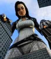 breasts giantess city mega black_hair long_hair destruction blue_eyes cleavage buildings thighs choker catsuit point_of_view looking_at_viewer belt miranda digital_render mass_effect miranda_lawson conqueringgoblin looking_dwon