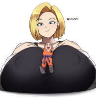 giantess blonde blue_eyes skirt huge_breasts smiling short_hair android_18 heart jewelry striped shirt earrings no_background simple_background 1girl 1boy striped_sleeves striped_background