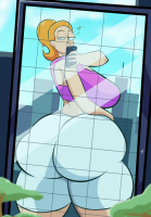 breasts drawing growth giantess city color large_breasts butt buildings red_hair ponytail phone pants reflection thighs top looking_behind thick_thighs selfie rick_and_morty bare_midriff summer_smith nanobros1