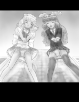 drawing giantess panties upskirt comic monochrome buildings touhou low_angle smiling reisen_udongein_inaba reflection outdoors closed_eyes sakuya_izayoi bowing rabbit_ears alloyrabbit reisen_vs_sakuya