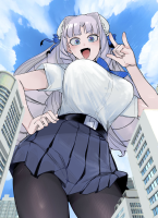 breasts white_hair blushing large_breasts long_hair blue_eyes skirt buildings ribbon smiling hand day uniform nylons open_mouth cloud outdoors sky pleated_skirt shirt point_of_view from_below hair_ribbon looking_at_viewer belt white_shirt bangs hair_ornament black_legwear short_sleeves very_long_hair solo nikukaiq 1girl eyebrows_visible_through_hair giantess