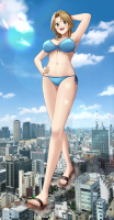 breasts bikini drawing giantess blushing city blonde color large_breasts destruction buildings green_eyes smiling short_hair sandals legs belly day walking clouds thighs outdoors sky sunny hand_on_hips riho_futaba demolition_girl hand_behind_head bare_midriff blackswamp0808