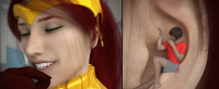 gentle giantess rwby pyrrha_nikos pyrrha pyrranikos long_hair teeth barefoot red_hair dress grin shrunken_man ear jewelry closed_eyes earrings casuallycruelgts 1girl