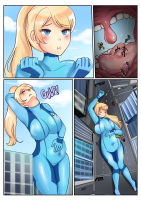 breasts giantess blonde comic long_hair blue_eyes ponytail zero_suit bodysuit english tinies saintxtail 1girl mole_under_mouth covered_navel vore city samus_aran shrunken_people metroid swallowed