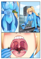 giantess vore city samus_aran metroid breasts blonde comic large_breasts long_hair blue_eyes ponytail zero_suit bodysuit saintxtail 1girl 1boy