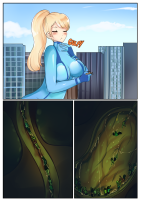 breasts blushing blonde large_breasts long_hair ponytail zero_suit bodysuit standing closed_eyes saintxtail 1girl vore city comic samus_aran shrunken_people metroid swallowed