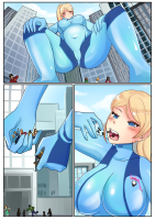 giantess vore city comic samus_aran metroid breasts blonde large_breasts long_hair blue_eyes licking ponytail zero_suit bodysuit saintxtail skin_tight 1girl silent_comic blue_bodysuit
