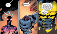 comic handheld english marvel_comics the_wasp clenched_hand giantess breasts drawing mega color mask night costume dialogue janet_van_dyne spider-man ultimates thighs miles_morales