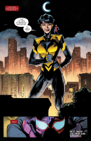 breasts drawing mega color short_hair mask thighs costume ant-man dialogue stars on_shoulder janet_van_dyne miles_morales spider-man hank_pym ultimates giantess city black_hair buildings lips moon gloves skyscraper bodysuit lipstick english night sky hands_on_hips makeup starry_sky the_wasp night_sky crescent_moon marvel_comics