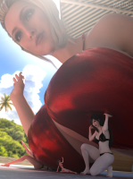 giantess tifa multiple_sizes aerith_gainsborough scarlet ff7 finalfantasy bikini breasts black_hair long_hair swimsuit beach barefoot cleavage huge_breasts smiling tree lying_down sitting navel day shrunken_woman cloud standing outdoors sky jewelry palm_tree digital_render multiple_girls black_bikini meiirii