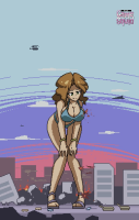 bikini giantess city color large_breasts destruction cleavage buildings green_eyes brunette military tank smiling sandals fire bending_over vehicles outdoors sky pixel_art riho_futaba gamefreakdx fighter_planes breasts mega rampage