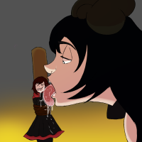 giantess black_hair tongue skirt saliva brunette short_hair bondage bdsm closed_eyes ruby_rose arms_behind_back multiple_girls silver_eyes rwby blake_belladonna
