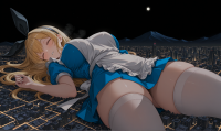 breasts mega long_hair thighs giantess size_difference city sleeping blonde large_breasts skirt buildings dress looking_down night alice_in_wonderland thick_thighs alice ai_art white_apron black_hairband yuegts ambiguously_alice