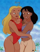 breasts drawing giantess blonde black_hair color large_breasts long_hair butt swimsuit blue_eyes cleavage brown_eyes shrunken_man giantesses pants dark_skin thighs palm_trees hawaii disney top lifeguard thick_thighs looking_at_tiny nani_pelekai between_breasts dakunart david_kawena lilo_and_stitch