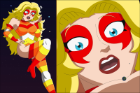 breasts drawing giantess earth blonde space comic color long_hair high_heels boots thighs costume leotard stars cosmic_giantess bare_legs marvel_comics nightcore100 micronauts marionette blue_eyes