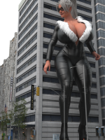 breasts giantess white_hair city mega large_breasts cleavage buildings huge_breasts ponytail mask costume catsuit jumpsuit zipper thick_thighs thief digital_render black_cat spider-man marvel_comics felicia_hardy gtsartistry