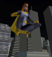 breasts giantess city long_hair armor blue_eyes buildings gloves red_hair boots suit mask batgirl night crouching costume cape belt digital_render dc_comics roodedude