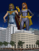 breasts giantess city blonde long_hair armor blue_eyes buildings gloves red_hair supergirl suit mask batgirl crouching palm_trees costume cape belt crowds hands_on_hips digital_render dc_comics roodedude