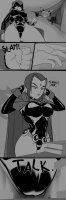 breasts drawing micro comic monochrome large_breasts butt handheld butt_crush angry camel_toe raven teen_titans looming shrunken_woman books indoors fist point_of_view cape belt leotard dialogue hood thick_thighs looking_at_tiny dc_comics bare_legs cutaway ravenravenraven titans_tower jinx_(teen_titans) jinx
