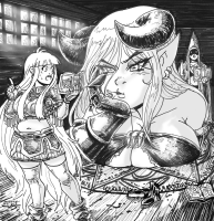 breasts horns large_breasts long_hair cleavage skirt high_heels gloves boots demoness indoors earrings top book hood pointed_ears bare_midriff shabazik giantess vore demon magic summoning