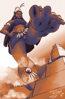 long_hair crown cruel earrings bracelet hands_on_hips imminent_crush looking_at_tiny drawing breasts giantess panties upskirt monochrome barefoot skirt blood pyramid foot_crush top aztec bare_legs bare_midriff empress reclusiveghost