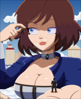 drawing giantess giga city mega color large_breasts blue_eyes handheld cleavage skirt buildings brunette dress short_hair clouds corset jacket choker pinched elizabeth bioshock_infinite looking_at_tiny bioshock booker_dewitt piano elizabeth_comstock nightcore100 comstock