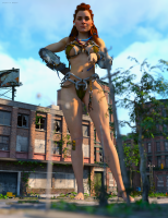 breasts giantess city large_breasts toes barefoot cleavage bra buildings red_hair mountains tribal rope horizon thighs ruins freckles point_of_view braid necklace hanging_on looking_at_tiny digital_render loincloth bare_legs caddyisraddy makeshift_clothing bare_midriff aloy