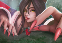 breasts black_hair long_hair yellow_eyes lips crow animal lipstick bird bug outdoors butterfly red_nails nail_polish fingernails insect looking_at_viewer slit_pupils makeup reaching_out long_fingernails mascara heavy_eyeshadow ondieony 1girl hair_between_eyes sharp_fingernails giantess vore mouthplay league_of_legends ahri